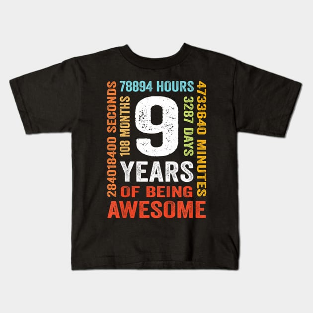 9th Birthday 9 Years Old Vintage Retro 108 Months Boy Girl Kids T-Shirt by Mitsue Kersting